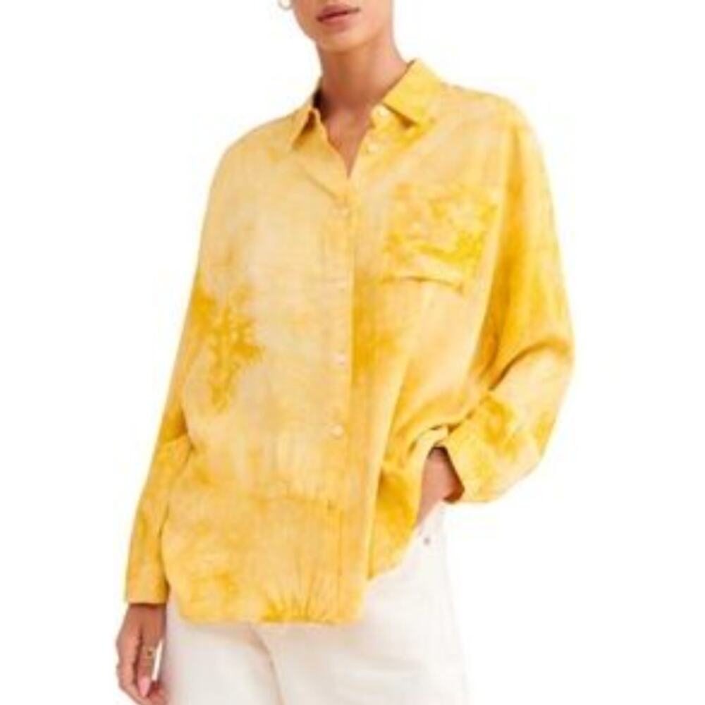 🔴Caara Stella Yellow White Tie Dye Marble Button Up‎ Oversized Blouse XXS